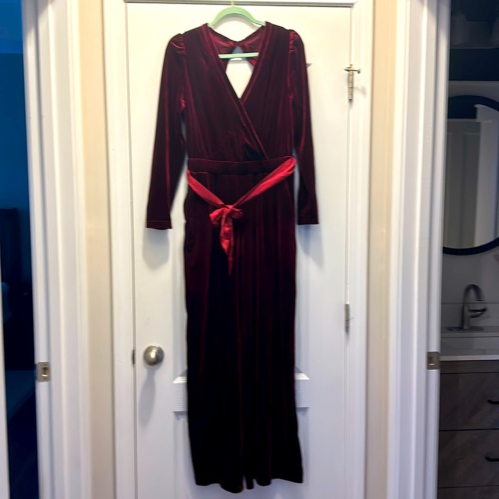 Burgundy velvet jumpsuit